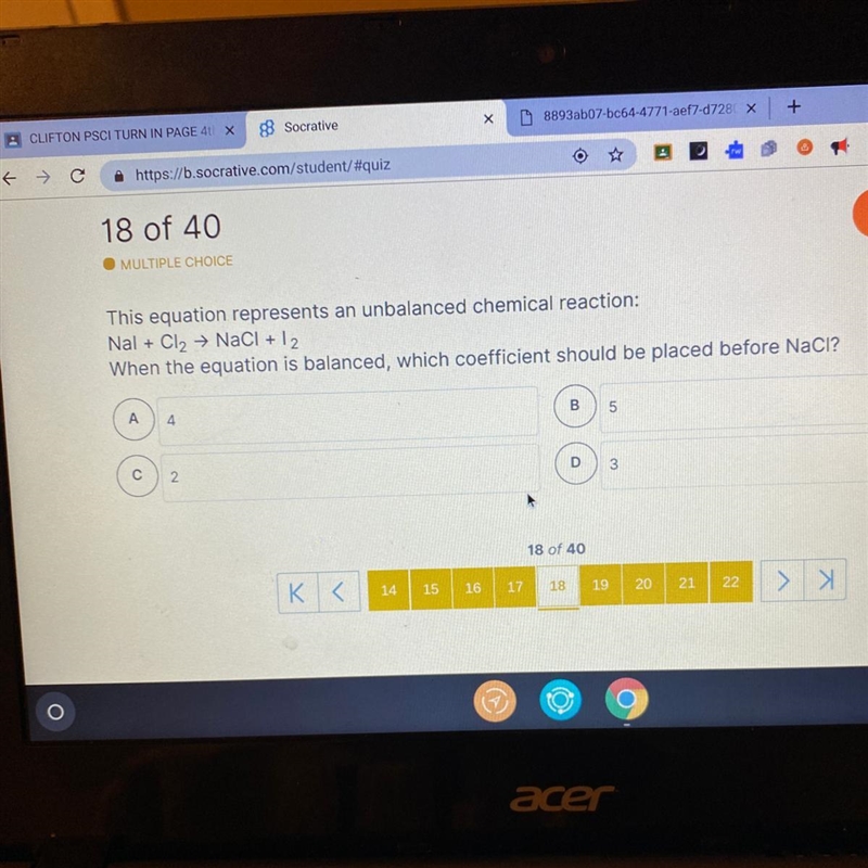 MULTIPLE CHOICE This equation represents an unbalanced chemical reaction: Nal + Cl-example-1