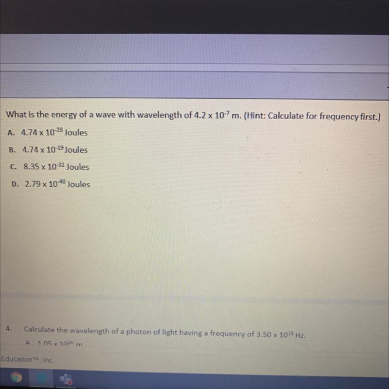 What is the energy of a wave with wavelength of 4.2 x 10-7 m. (Hint: Calculate for-example-1