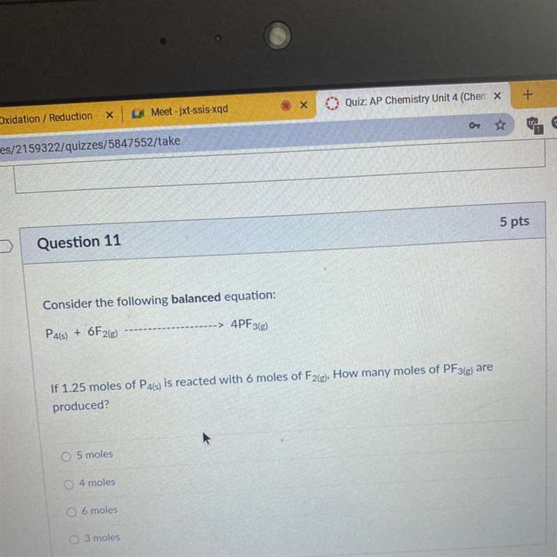 Consider the following balanced equation: P4(s) + 6F2(e) 4PF3(g) If 1.25 moles of-example-1