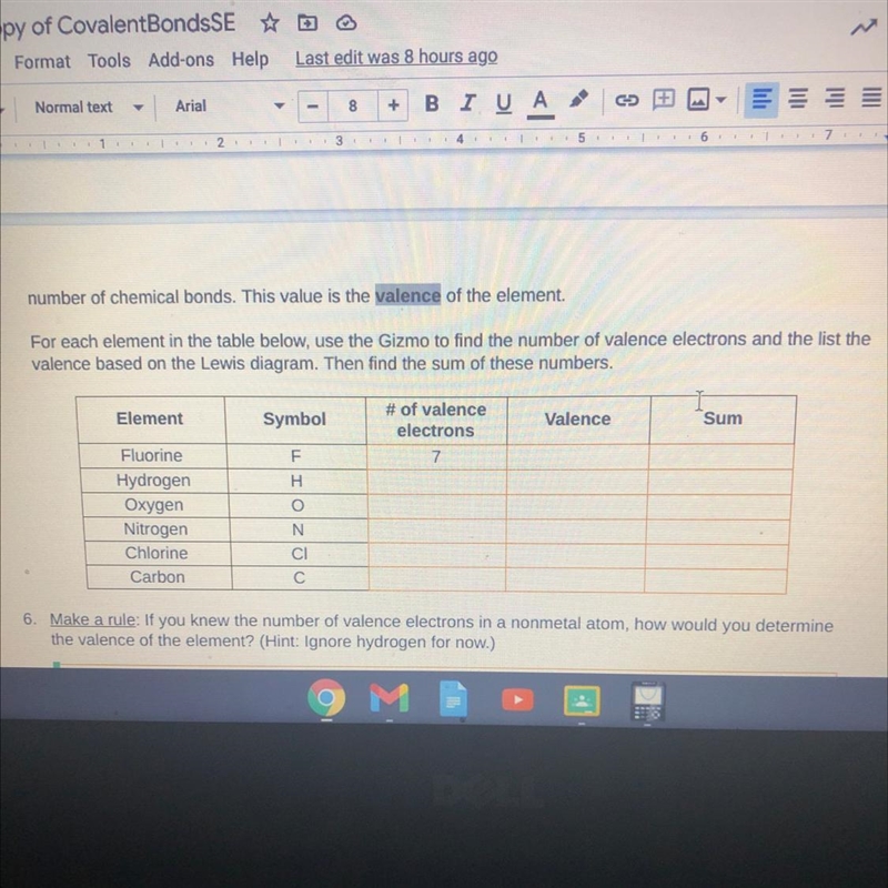 For each element in the table below, use the Gizmo to find the number of valence electrons-example-1