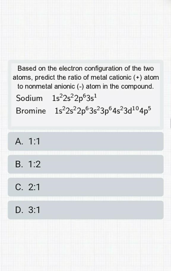 Based on the electron configuration of the two atoms, predict the ratio of metal cationic-example-1