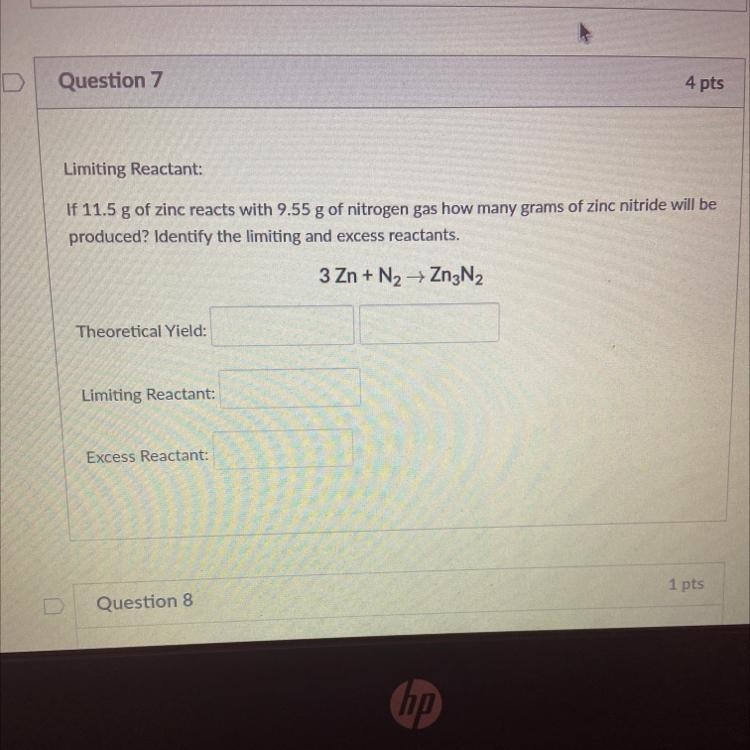 Limiting Reactant: If 11.5 g of zinc reacts with 9.55 g of nitrogen gas how many grams-example-1