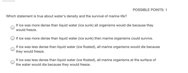 Which statement is true about water's density and the survival of marine life? view-example-1