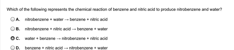 Which of the following represents the chemical reaction of benzene and nitric acid-example-1