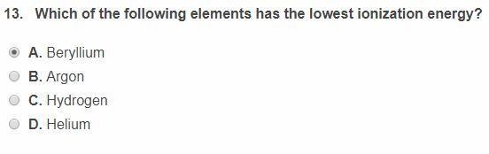 Don't know this one... which of these elements has the lowest ionization energy? Beryllium-example-1