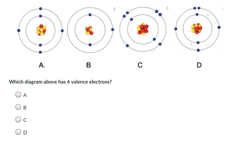 Which diagram above has 4 valence electrons?-example-1