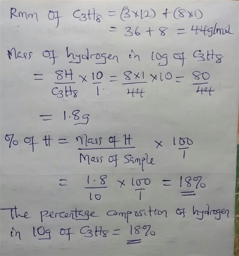 What is the percent composition of hydrogen in a 10.0g sample of C3H8-example-1