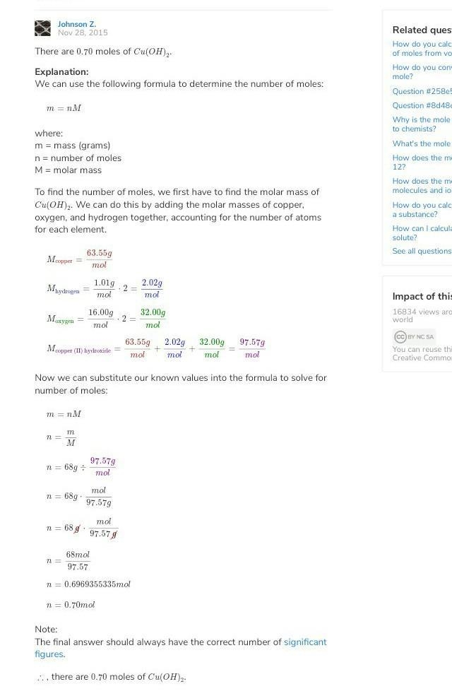 How many moles are in 68 grams of copper (II) hydroxide, Cu(OH)2-example-1