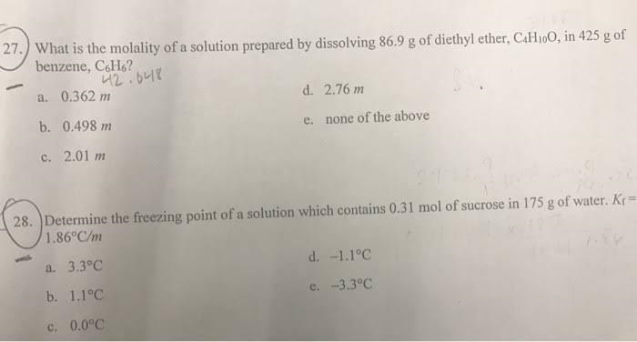 What is the molality of a solution prepared by dissolving 86.9 g of diethyl ether-example-1