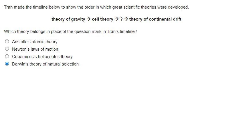 Tran made the timeline below to show the order in which great scientific theories-example-1