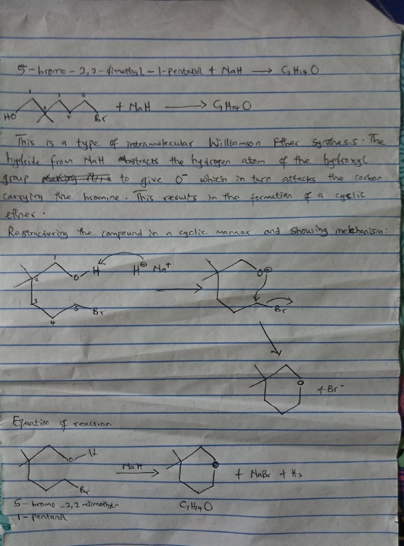 When 5-bromo-2,2-dimethyl-1-pentanol is treated with sodium hydride, a compound with-example-1