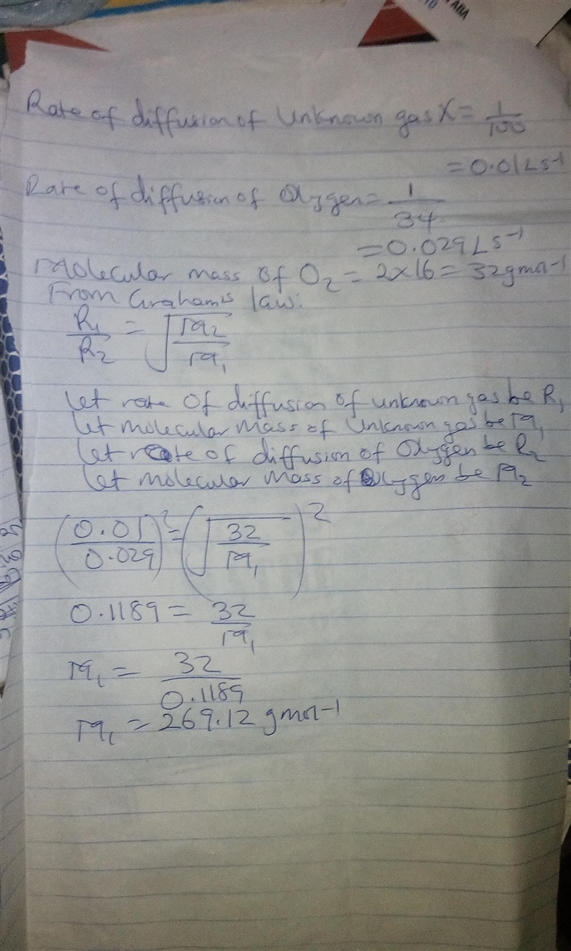 A gas of unknown molecular mass was allowed to effuse through a small opening under-example-1