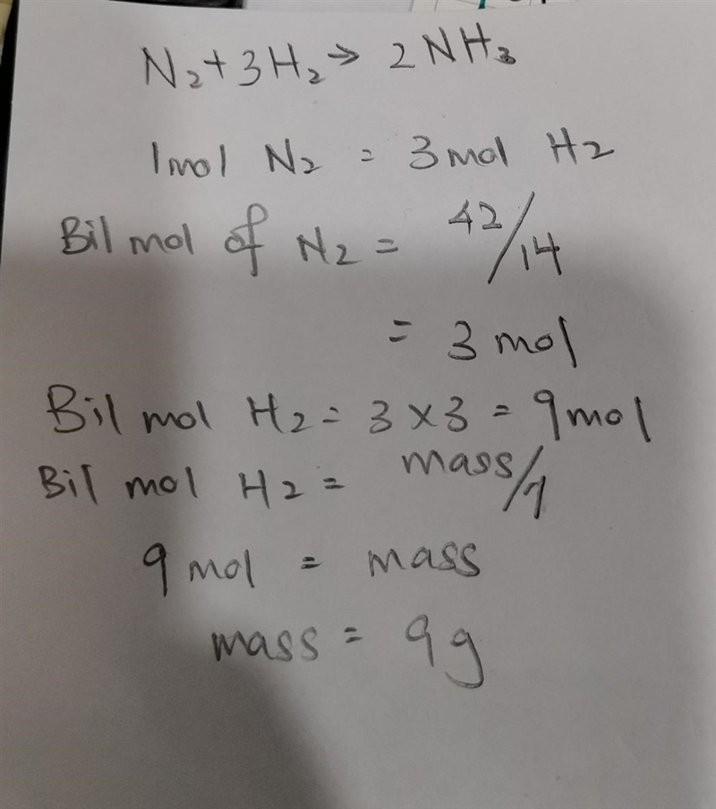 During the formation of ammonia, what mass of Hydrogen gas would be required to react-example-1