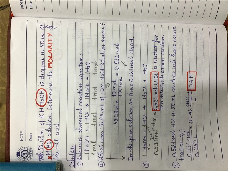 52.09 mL of 10M NaOH is dropped in 50 mL of xM HCl solution. Determine the Molarity-example-1