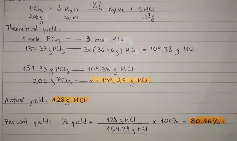 What is the perecentage yield of a reaction in which 200g PCl3 reacts with excess-example-1