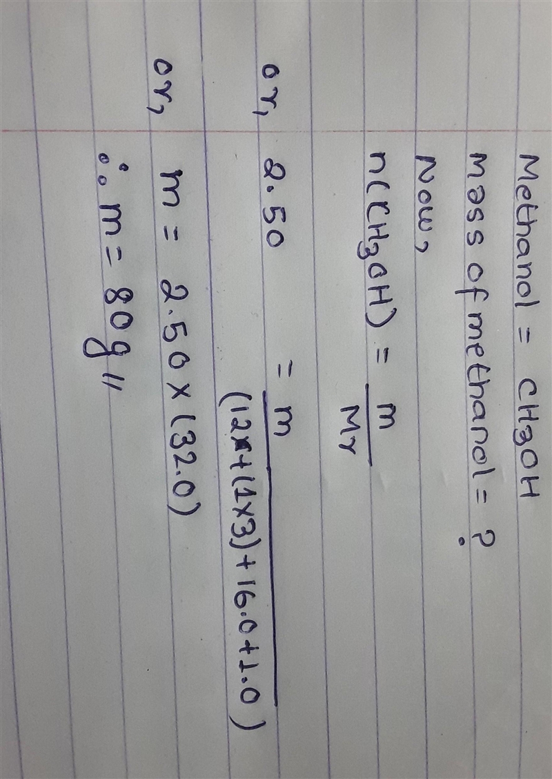 Calculate the mass of 2.50 mol of methanol.-example-1