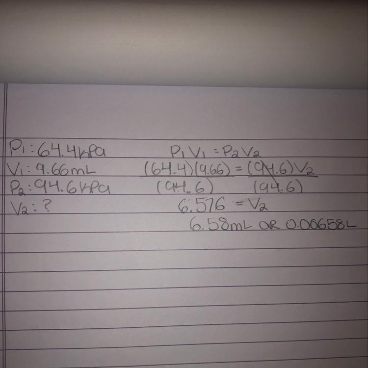 A sample of gas in a syringe has a volume of 9.66 mL at a pressure of 64.4 kPa. The-example-1