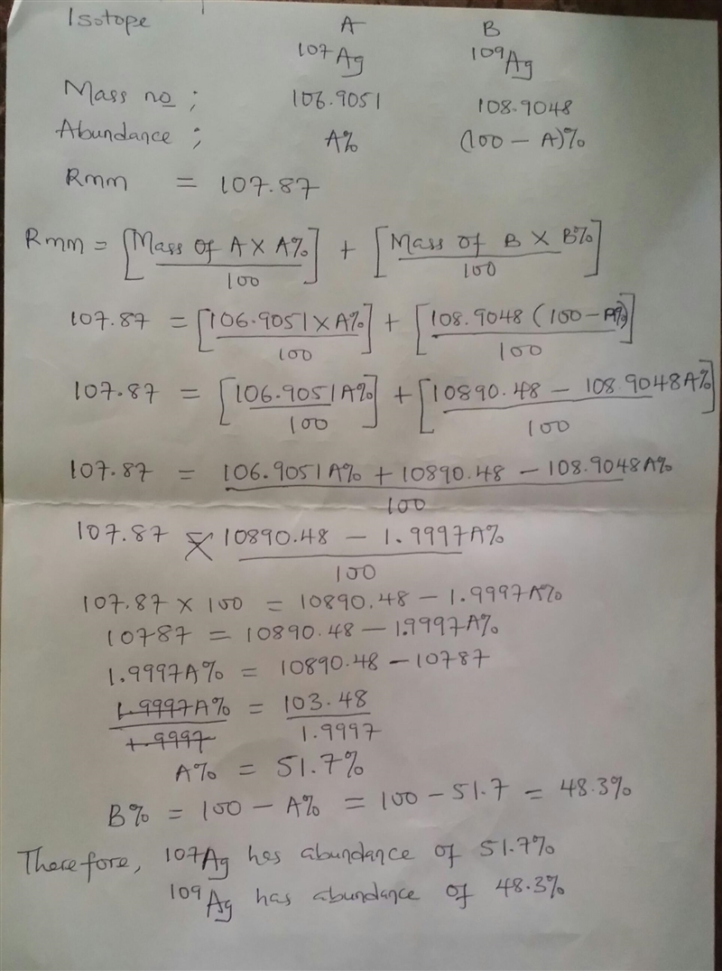 The element silver exists in nature as two isotopes: 107Ag has a mass of 106.9051 u-example-1