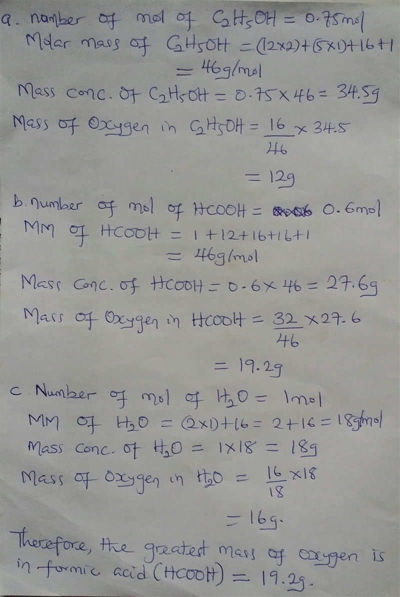 Which contains the greatest mass of oxygen: 0.75 mol of ethanol (C2H5OH), 0.60 mol-example-1