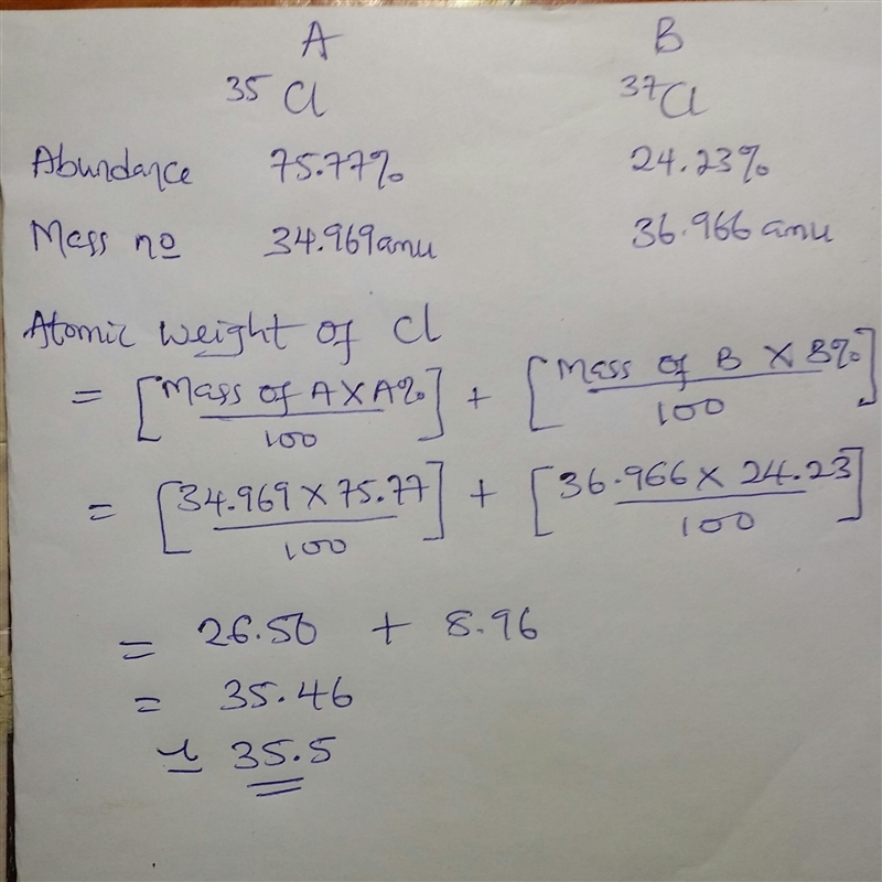 Chlorine has two isotopes, 35Cl and 37Cl; 75.77 % of chlorine is 35Cl and 24.23 % is-example-1