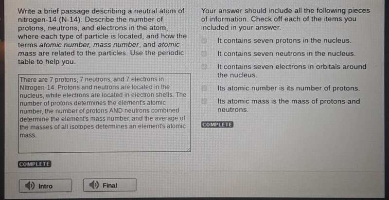 Write a brief passage describing a neutral atom of nitrogen-14 (N-14). Describe the-example-1