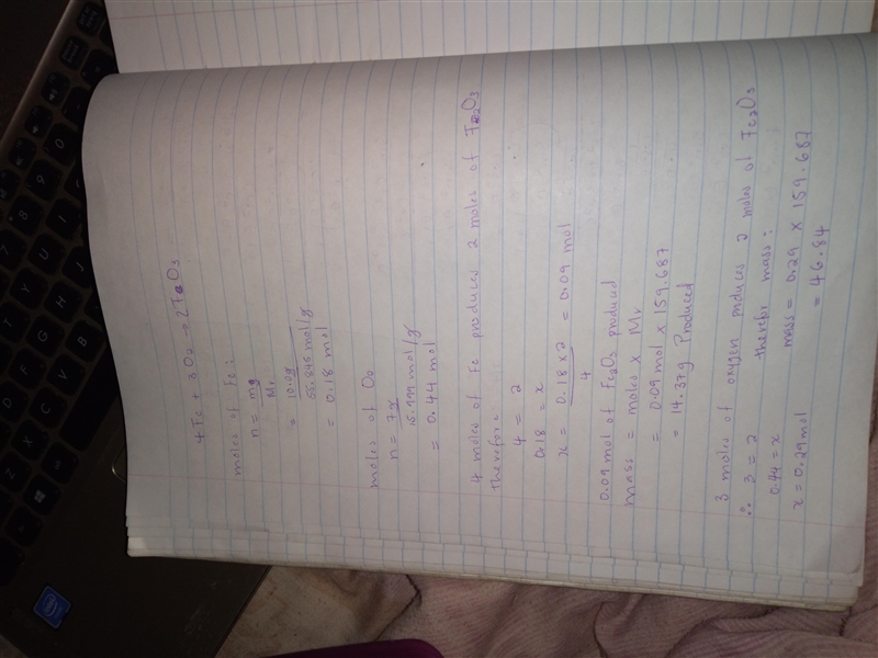 4Fe +302 + 2Fe2O3 How many grams of Fe2O3 will be produced from 10.0 g of Fe and 7.00 g-example-1