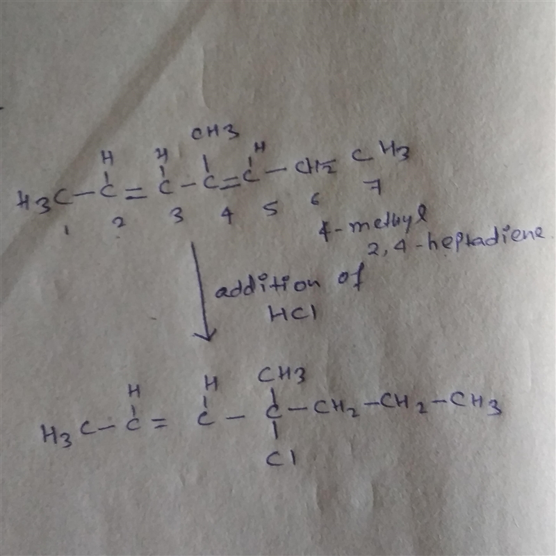 Draw the structure of the major organic product formed by 1,4-addition of HCl to 4-methyl-example-1