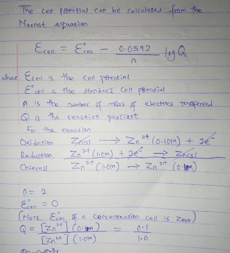 Calculate the cell potential, Ecell, of a concentration cell containing a 0.1 M solution-example-1