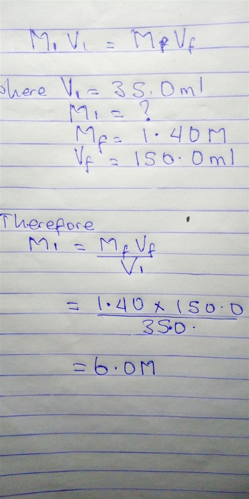 A student prepares 150.0 mL of 1.40 M HCl using 35.0 mL of a stock solution. What-example-1