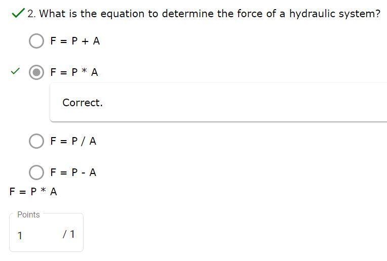 What is the equation to find the force of a hydraulic system-example-1