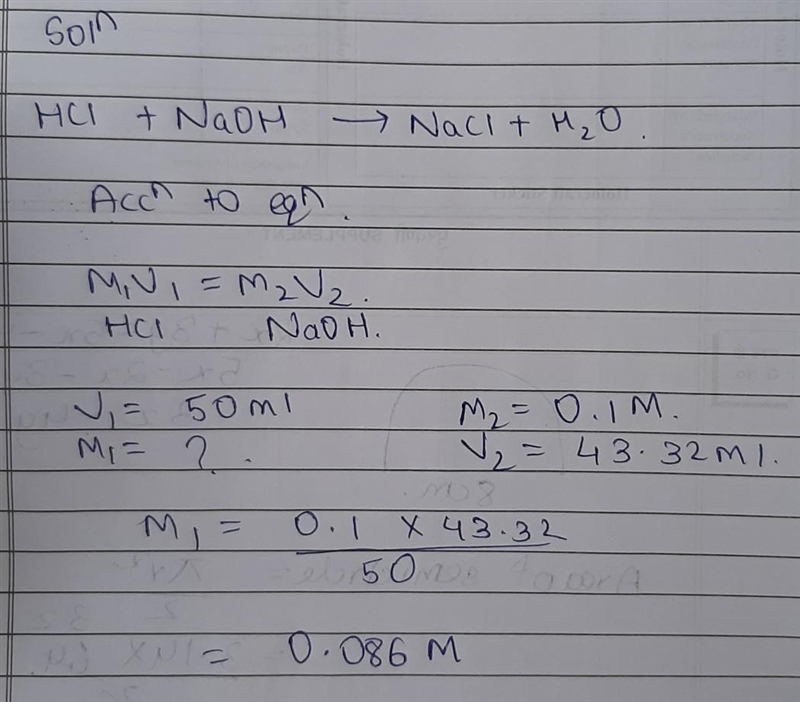 If it takes 43.2 mL of 0.1 M NaOH to neutralize a 50 mL HCl solution, how many moles-example-1