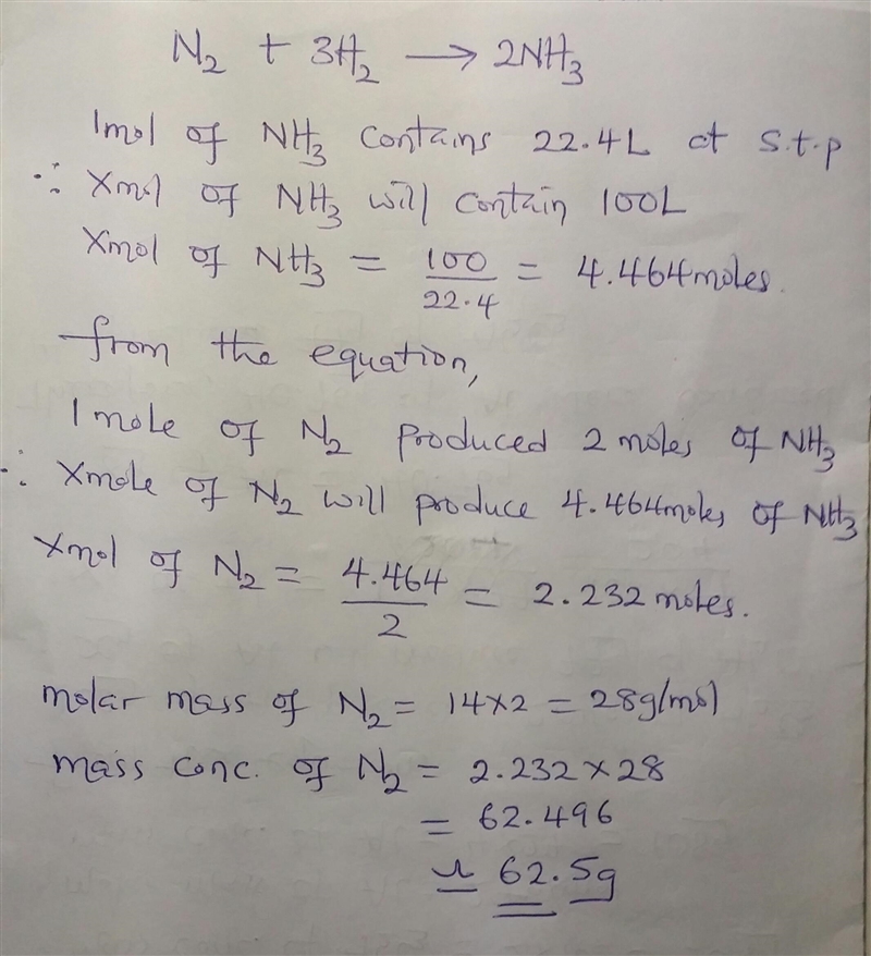 Consider the reaction. How many grams of N2 are required to produce 100.0 L of NH-example-1