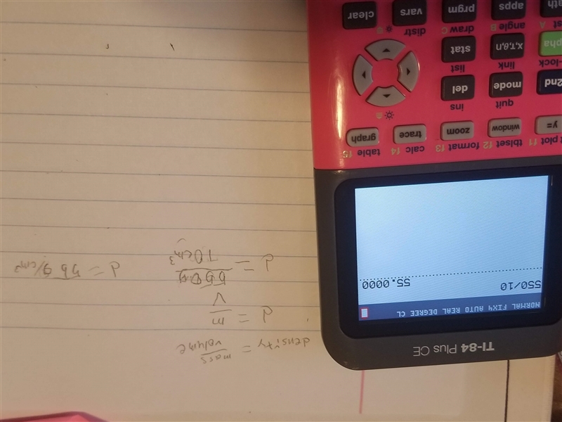 Using a calculator, what is the density of an unknown object with a mass of 550 g-example-1