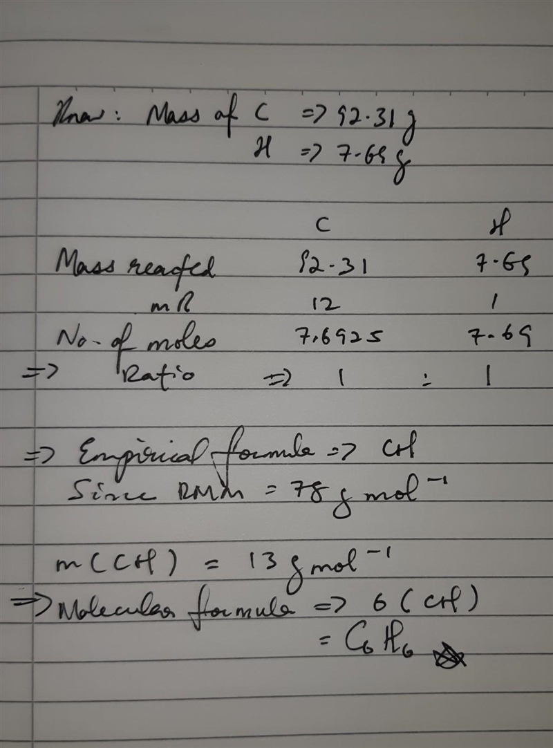 A compound, X contains 92.31 % C and 7.69 % H. RMM of X is 78. Determine the molecular-example-1