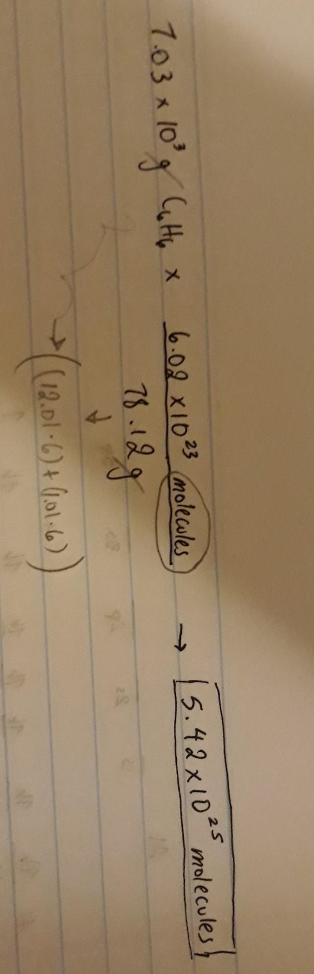 How many molecules are in a sample of C6H6 with a mass of 7.03x103g C6H6?-example-1