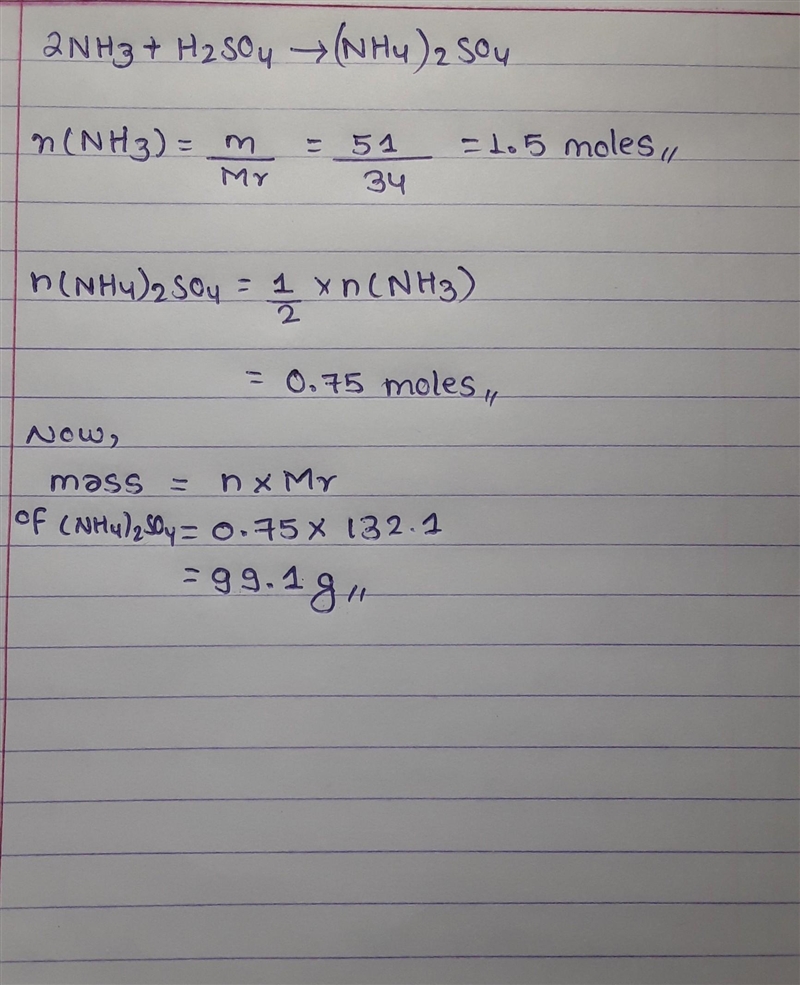 calculate the mass of ammonium sulfate that can be made from 51 grams of ammonia. 2NH-example-1