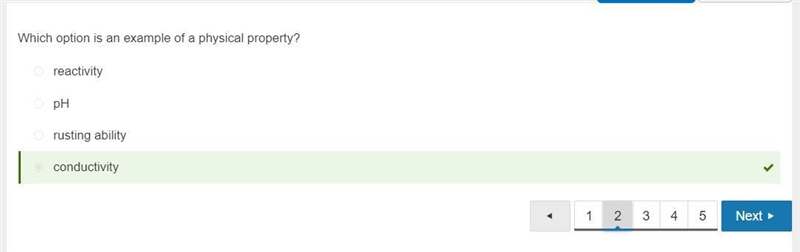 Which option is an example of a physical property? A. Conductivity B. pH C. Rusting-example-1