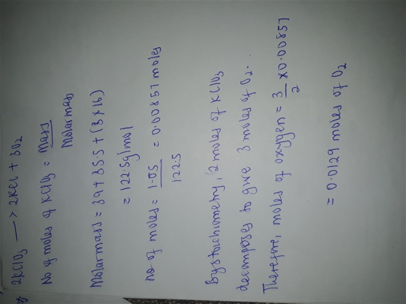 in the following equation 2KCIO3 to 2KCI + 3O2 HOW MAY MOLES OF OXEGEN, O2 are produced-example-1