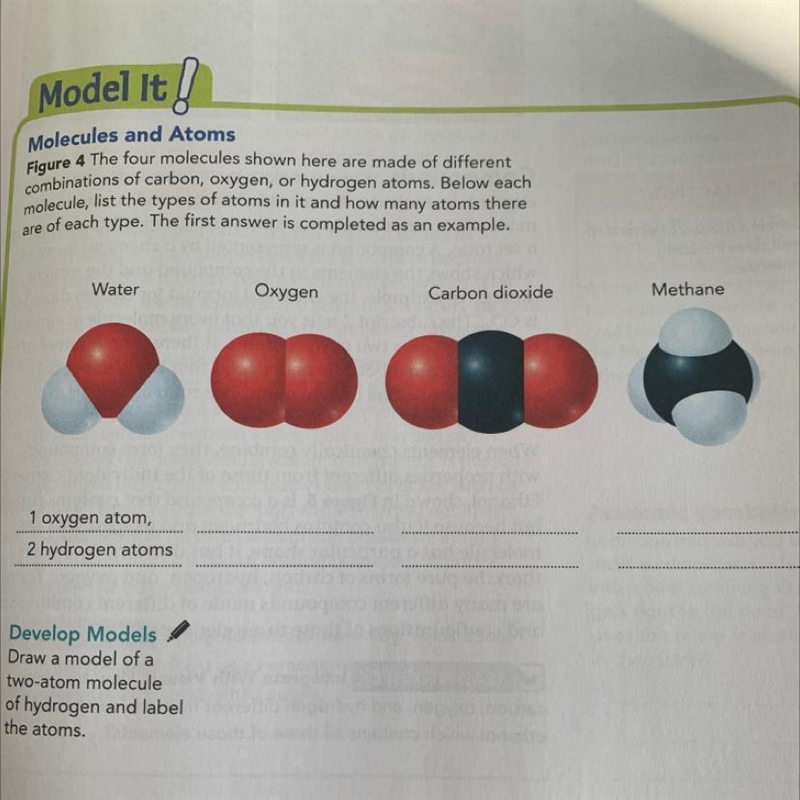 The four molecules shown here are made of different combination of carbon, oxygen-example-1