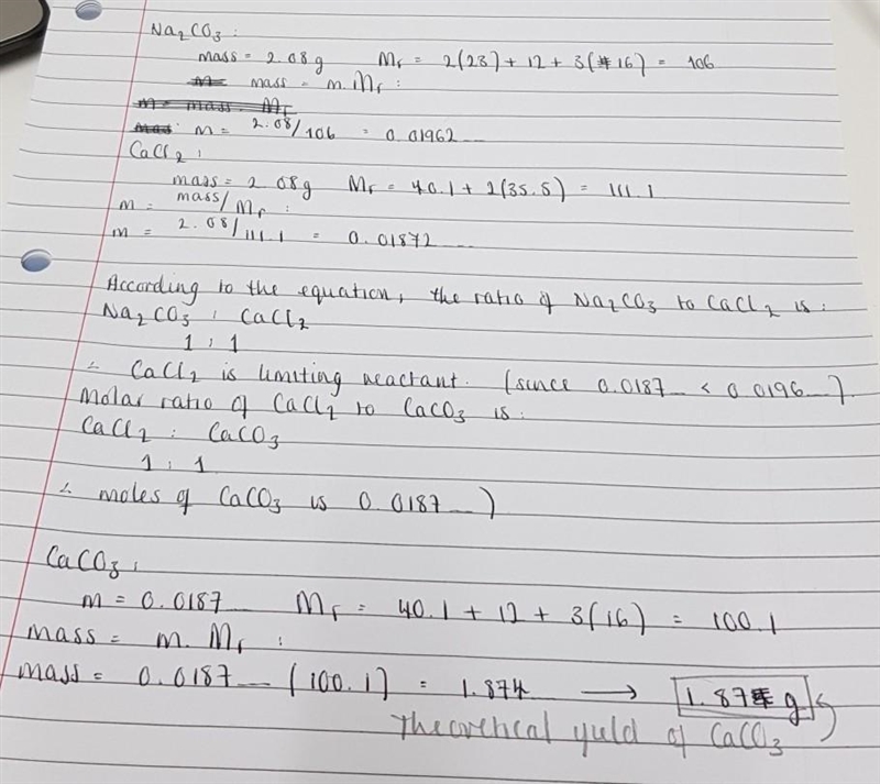 Calculate theoretical yield of calcium carbonate from the moles of limiting reactant-example-1