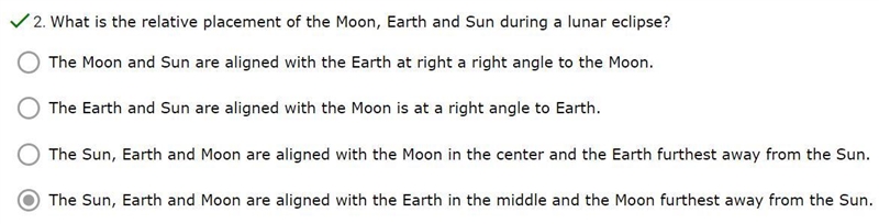 What is the relative placement of the Moon, Earth, and Sun during a lunar eclipse-example-1