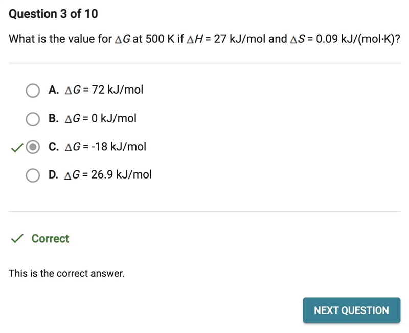 What is the value for AG at 500 Kif AH = 27 kJ/mol and AS = 0.09 kJ/(mol-K)?-example-1