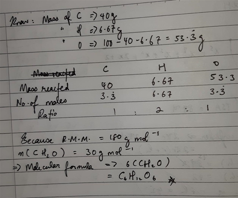 Q2: A compound consists of 40.00 % C, 6.67 % H and rest is oxygen by mass. If RMM-example-1