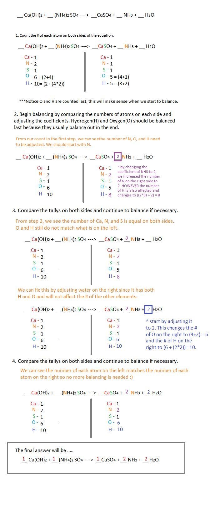 Consider the following unbalanced equation. Ca(OH)2 + (NH2)2SO4 → CaSO4 + NH3 + H-example-1