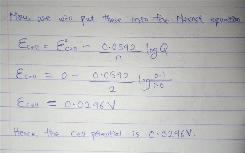 Calculate the cell potential, Ecell, of a concentration cell containing a 0.1 M solution-example-2