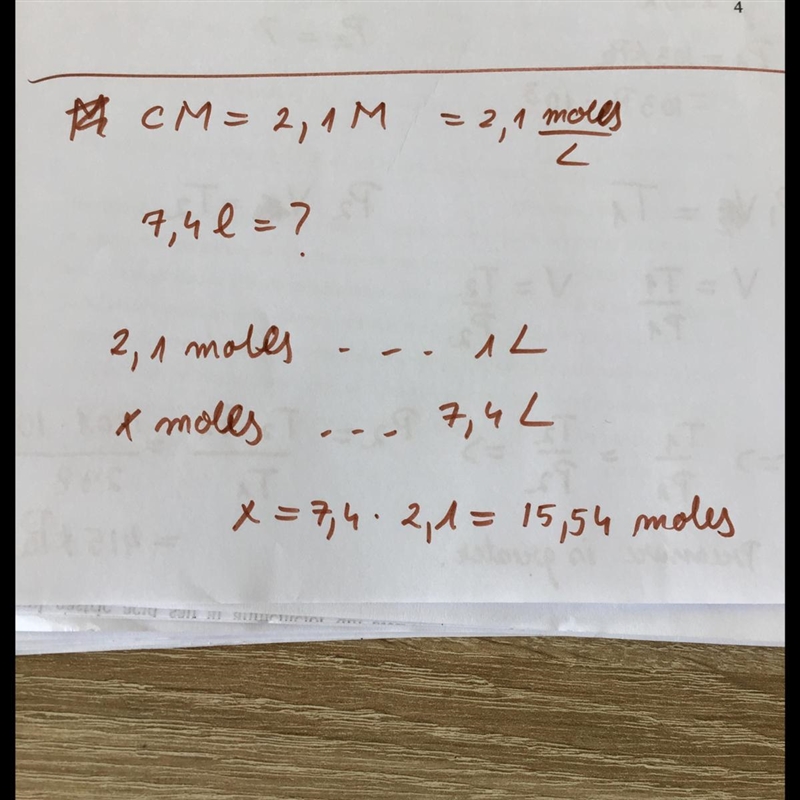 The molarity of a solution is 2.1m. How many mole of solute is in a 7.4 liter solution-example-1