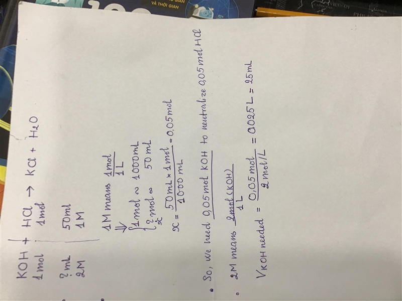 How many mL of 2.0 M KOH are necessary to neutralize 50 mL of 1 M HCl?-example-1