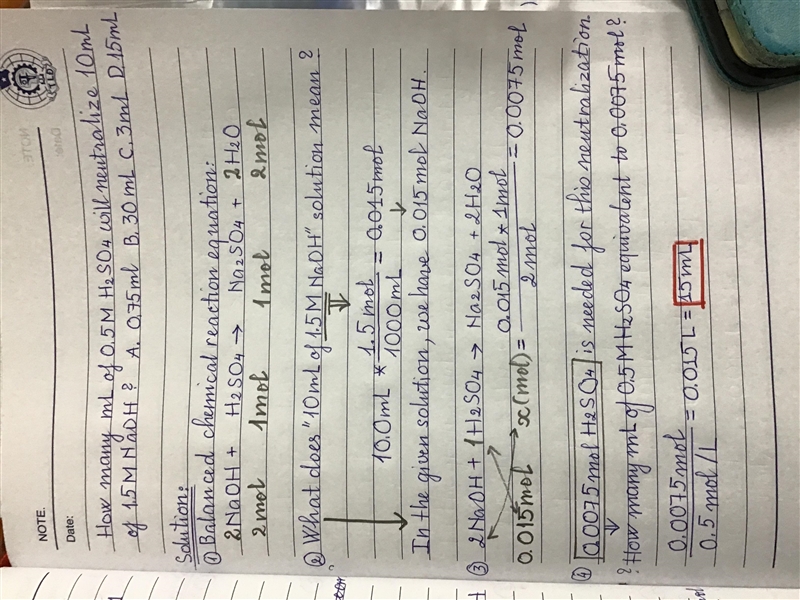 How many mL of 0.5 M H2SO4 will neutralize 10 mL of 1.5 M NaOH? 0.75mL 30 mL 3 mL-example-1