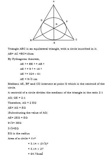 Find the area of a circle inscribed in an equilateral triangle of side 18 cm. ( Take-example-1