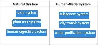 Systems are classified as human-made or natural. Match each example to the correct-example-1